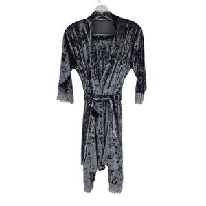 Nicoletta Trendy Wear Gray velvet robe and pant set lace trim size Small